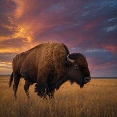 "A bison with her calf standing in a golden prairie under a vibrant twilight sky."