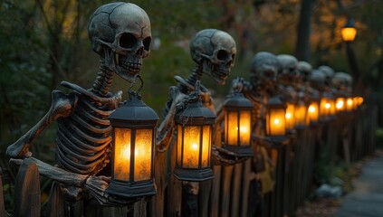Spooky Skeletons Holding Lanterns in a Dark Forest