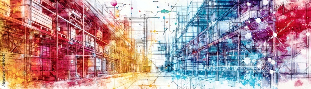Poster vibrant abstract cityscape with colorful lines and geometric patterns representing urban development