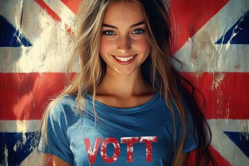 Smiling Young Girl Portrait with Union Jack Flag in Contemporary Pop Art Style