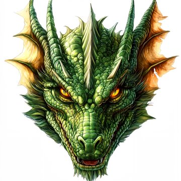 A green dragon with yellow eyes and a long green tail