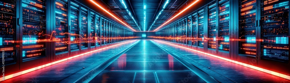 Poster futuristic data center with neon lights and high-tech server racks in a modern digital environment f