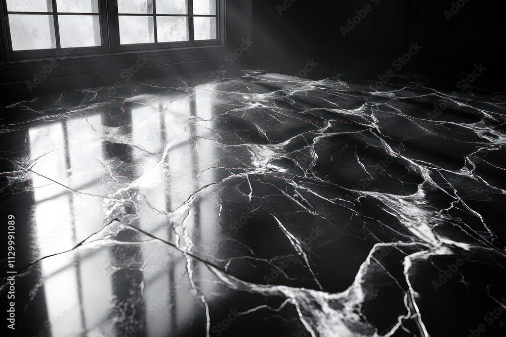 Aufkleber black marble table countertop with white veining on dark background for product display and design mock up