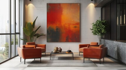 Minimalist modern living room interior design with vibrant orange chairs, abstract art, and warm decor creating a stylish and inviting space