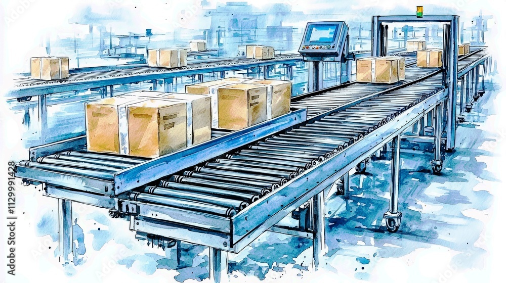 Poster illustration of automated conveyor system with boxes in a warehouse setting, highlighting modern log