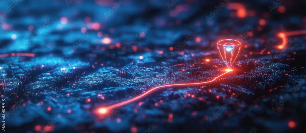 Poster futuristic city map with dynamic route path concept in cyberpunk style