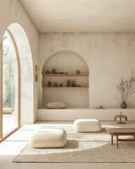 Interior of a modern living room with arch windows and shelf in a minimalist layout for a bright and stylish home design