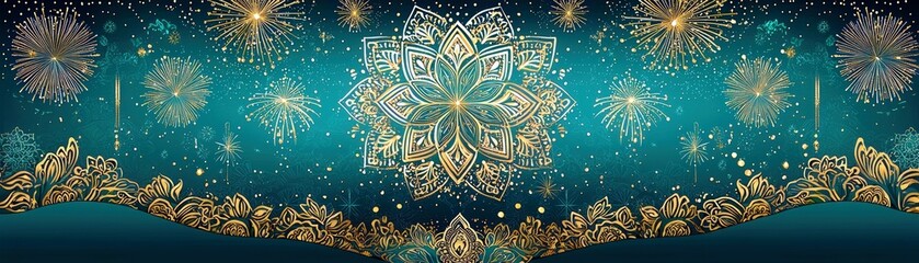 Intricate Gold Mandala with Fireworks Display Against a Deep Teal Background for Festive Celebrations and Special Occasions