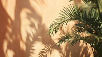 A close-up of lush green palm leaves casting intricate shadows against a warm peach-toned wall, creating a tropical and serene atmosphere.