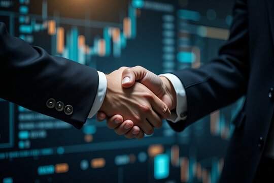 Businessmen shaking hands against a financial data background