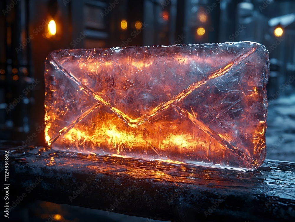 Poster Frozen Email Icon Encapsulated in Transparent Ice Block with Prismatic Lighting Effects
