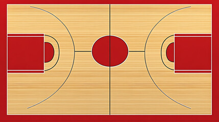 An overhead view of a basketball court with a red background and wooden floor, emphasizing the three-point and free-throw areas, ideal for sports activities.