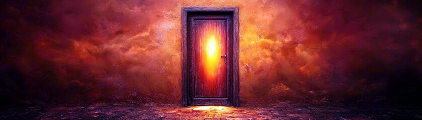 Mysterious Wooden Door with Glowing Light Surrounded by Dark and Colorful Background in a Surreal Fantasy Scene