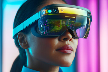 In a modern office, a woman uses AR glasses, highlighting digital transformation and collaborative technology