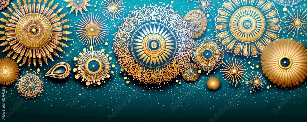 Poster golden decorative elements on a teal background featuring intricate patterns and circular designs fo