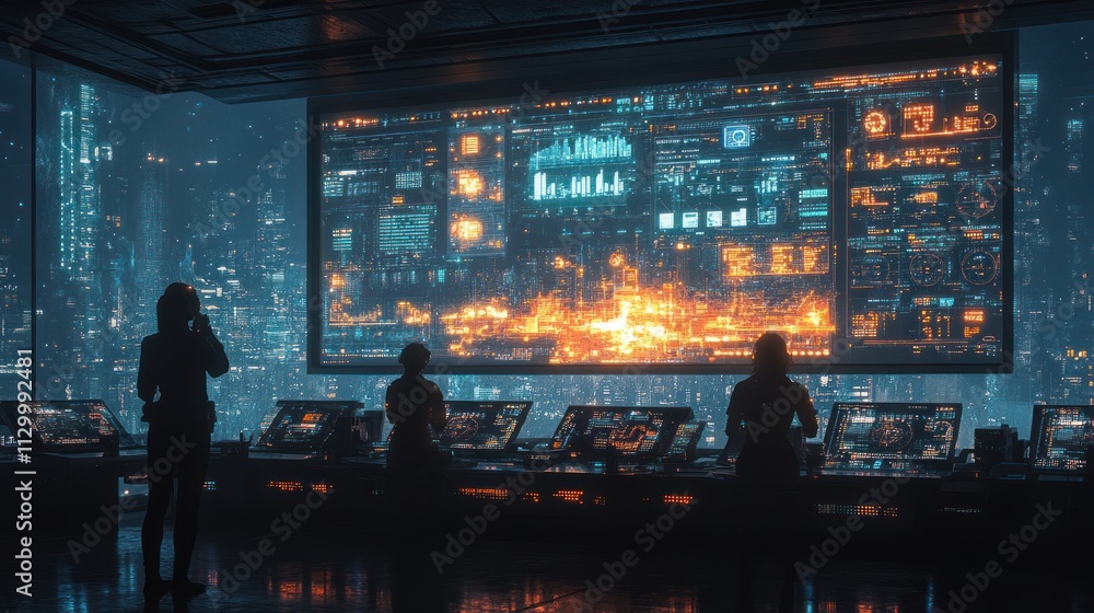 Poster futuristic control room with holographic data interface for business innovation and technology analy