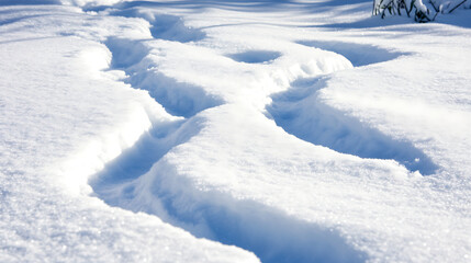 A serene winter landscape featuring deep snow drifts and subtle tracks, capturing the peaceful beauty of freshly fallen snow under bright sunlight.