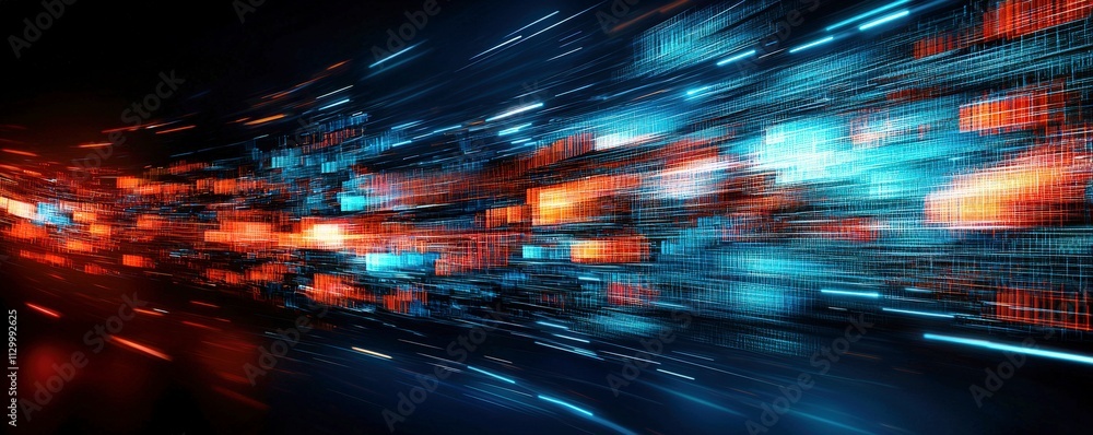 Poster abstract representation of digital data flow with vibrant colors and dynamic motion effect in a futu