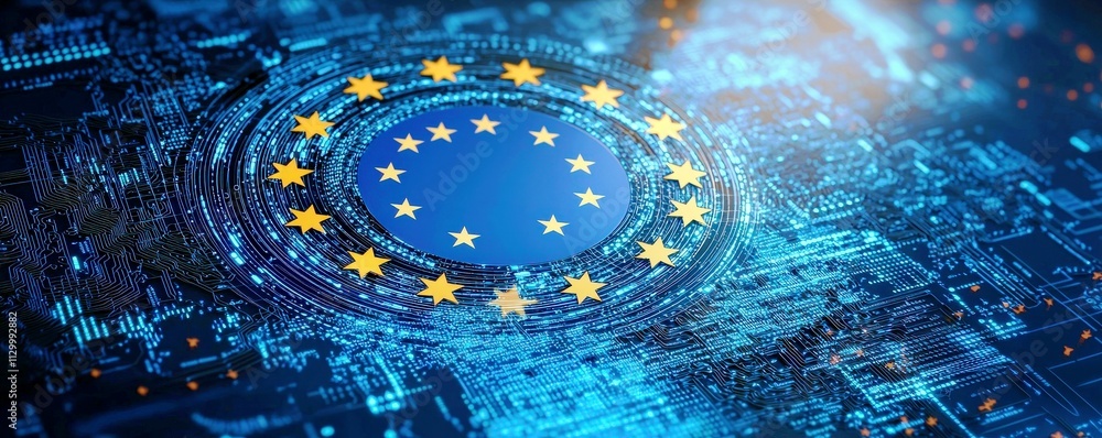 Poster digital representation of the european union flag surrounded by circuit patterns and technology elem
