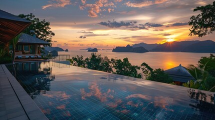 Luxurious infinity pool overlooking the ocean during sunset at a high-end resort
