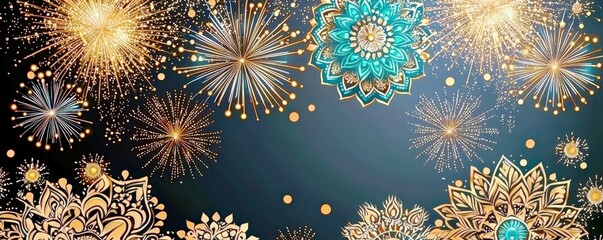 Fototapeta premium Colorful fireworks display with ornate floral patterns and shimmering sparkles against a dark blue background for festive celebrations and events