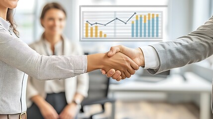 Business partners shaking hands, growth chart in background.