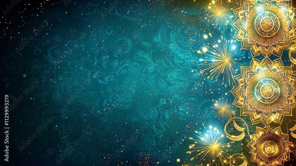 Poster golden decorative elements with intricate designs on a teal background featuring sparkling lights an