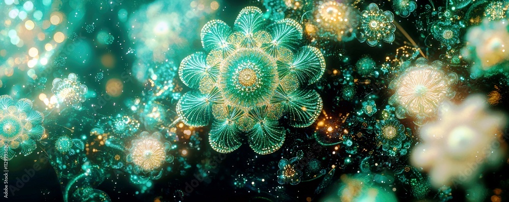 Poster abstract floral background with shimmering lights and delicate patterns in a dreamlike blue and gree