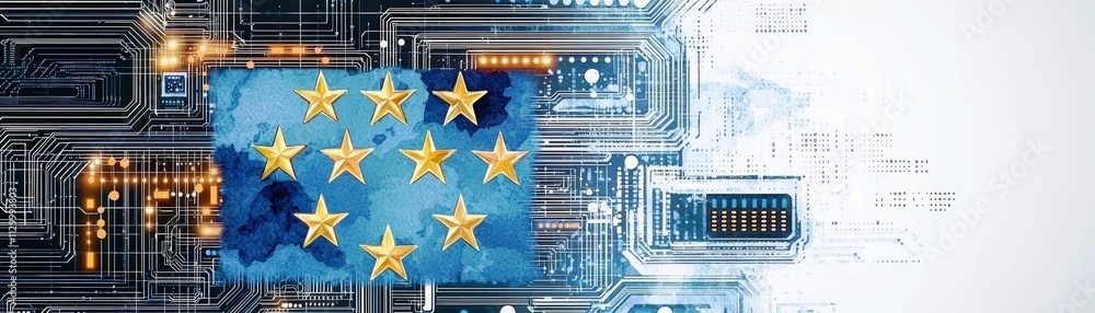 Aufkleber digital representation of european union flag merged with circuit board design symbolizing innovatio