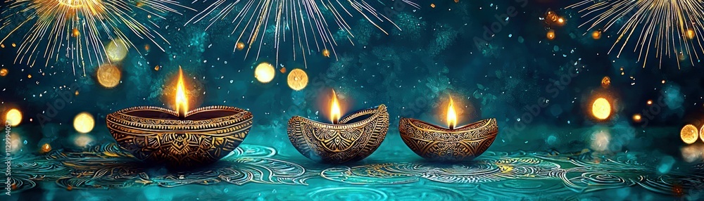 Poster elegant diwali diyas with flickering flames surrounded by sparkling lights and colorful patterns for
