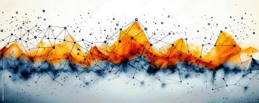 Poster abstract digital landscape with geometric shapes and bright orange and blue colors representing data