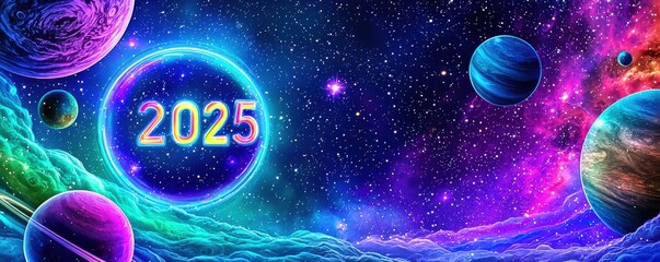 A vibrant cosmic scene featuring colorful planets and the year "2025" amidst a starry background.