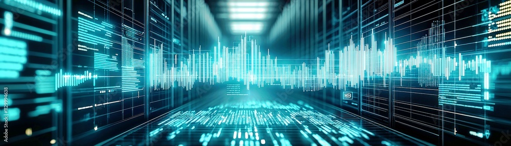 Poster futuristic digital data center with vibrant sound waves and binary code representations in a high-te
