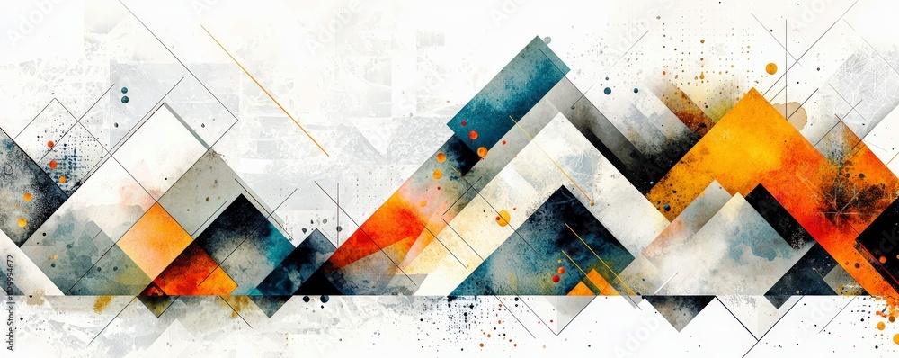 Poster abstract geometric design with vibrant colors featuring sharp angles and layered shapes creating a m