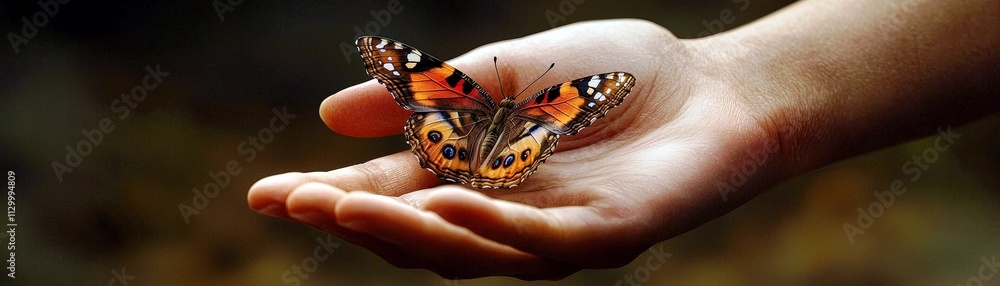 Poster close-up of a colorful butterfly resting on an outstretched hand in a natural environment showcasing