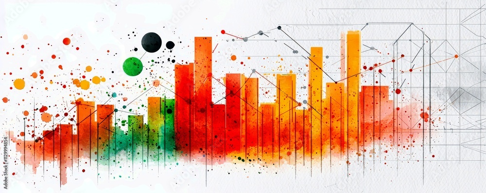 Poster vibrant abstract watercolor bar chart with colorful splashes and geometric patterns for data visuali