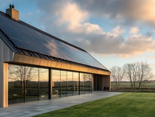 Obraz premium Modern Farmhouse Solar Panels Glass Walls Green Lawn Sunset Sky