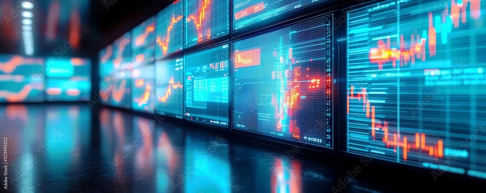 Poster futuristic stock market overview with colorful digital graphs and charts on monitors in a financial 
