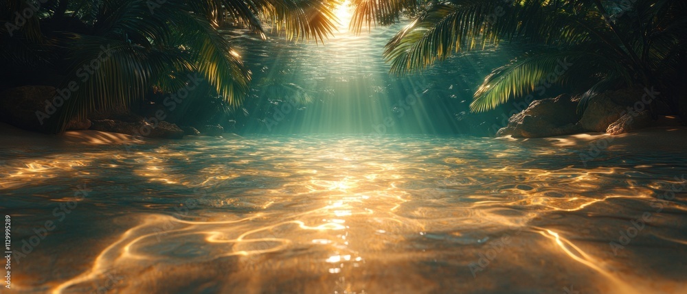 Aufkleber underwater scene with soft sunlight and palm leaf shadows on shimmering water surface