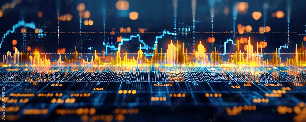 Poster dynamic abstract financial data visualization with colorful graphs and digital elements representing