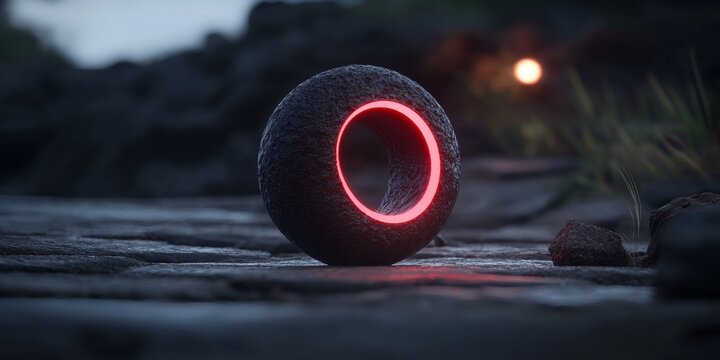 Glowing Red Ring in Dark Volcanic Rock Sci Fi Scene