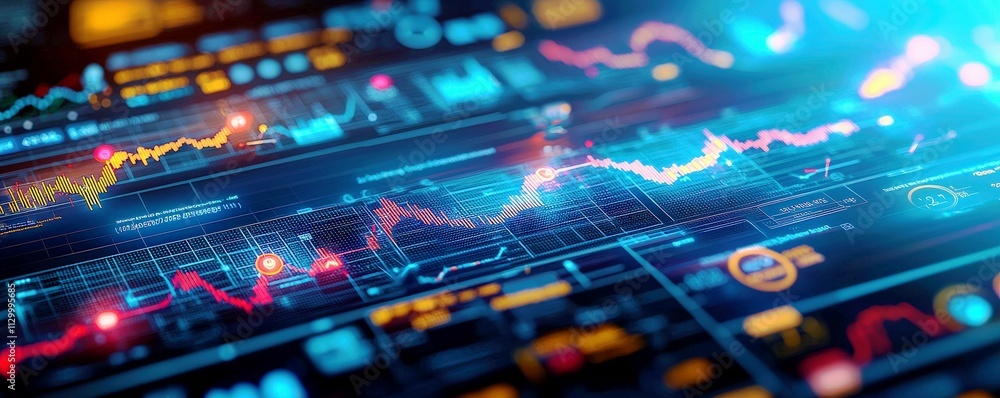 Poster high-tech financial data visualization with colorful charts and graphs for modern analytics and inve