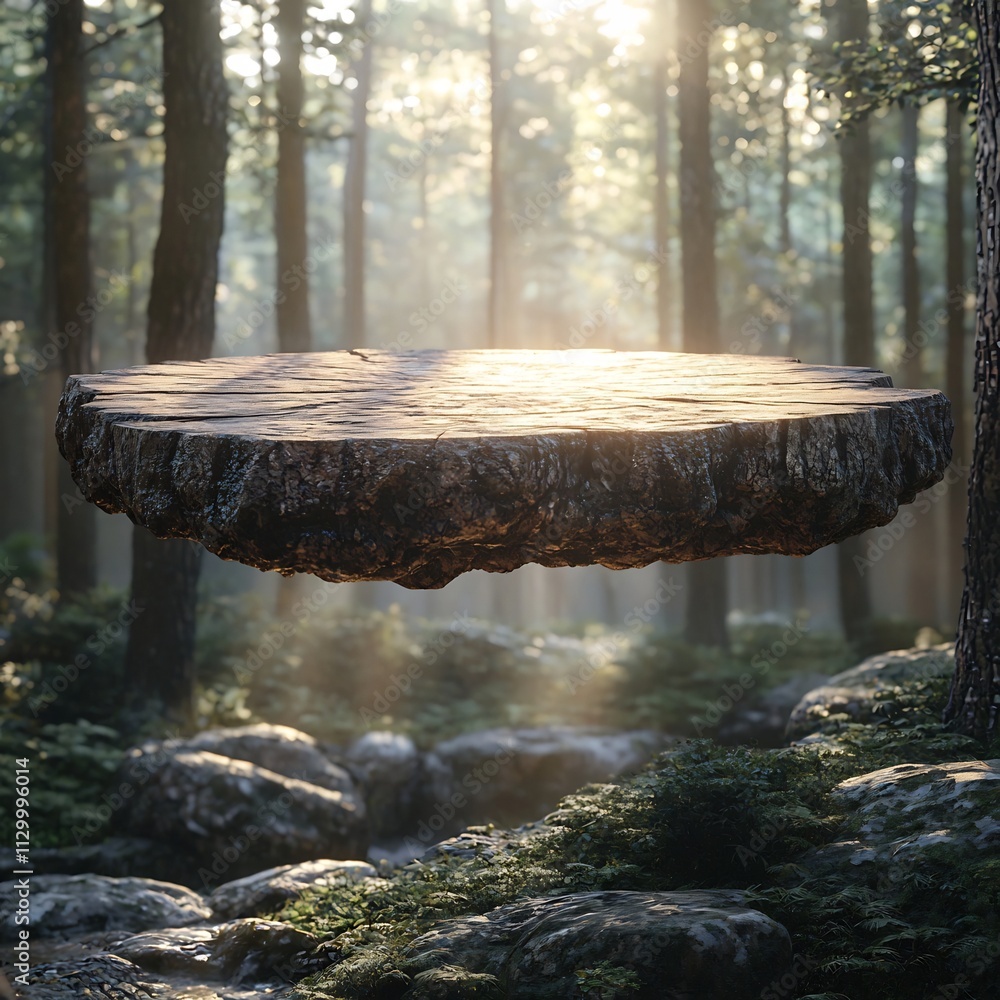 Poster floating wooden table in misty enchanted forest with ethereal light for nature inspired product disp