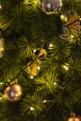 Close up Christmas tree with awesome toys in a cozy living room