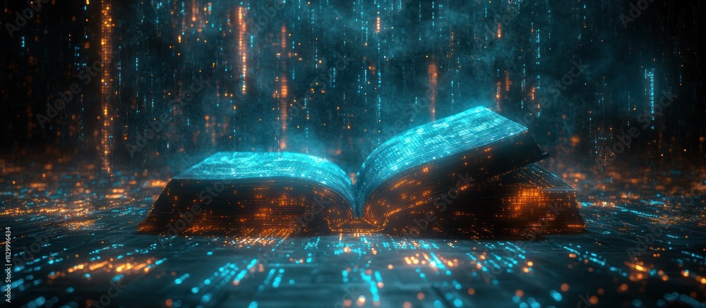 Poster futuristic digital learning book in neon cyberpunk style with immersive technology and abstract conc