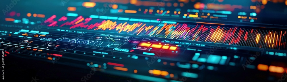 Poster abstract digital interface with colorful data visualization, graphs, and indicators representing tec