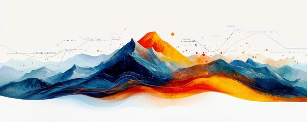 Vibrant Abstract Landscape Illustration Featuring Mountains and Colorful Waves in Blue, Orange, and Yellow Tones for Creative Projects and Designs