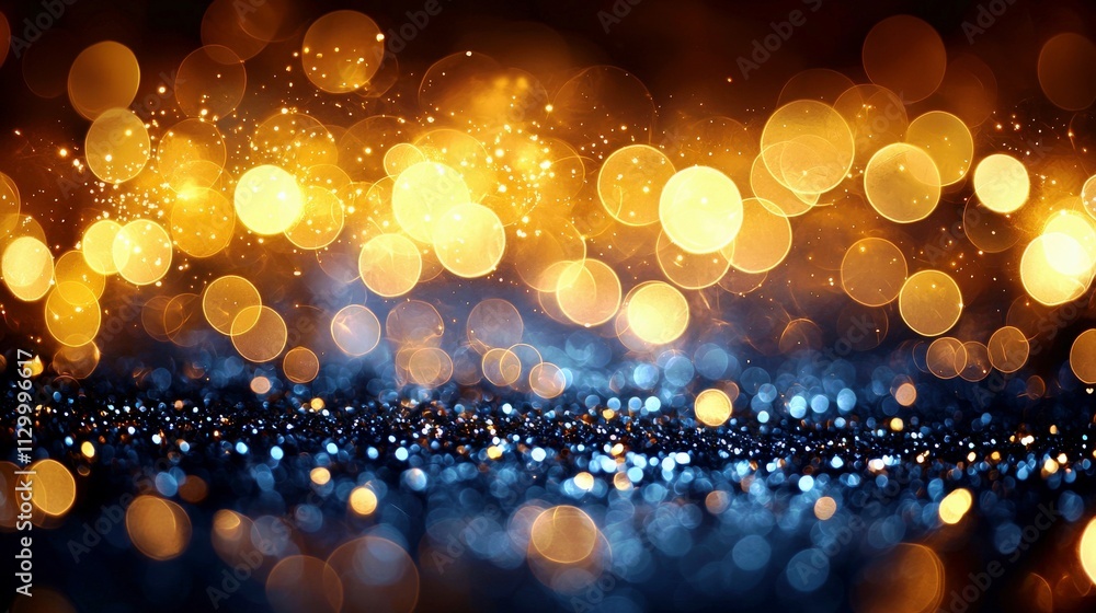 Poster bright and shimmering bokeh effect with golden and blue highlights creating a dreamy and magical atm