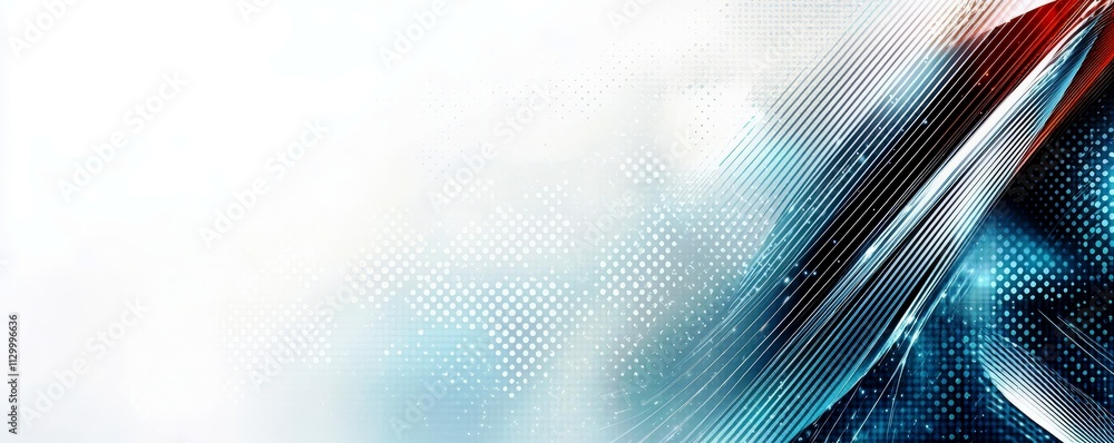 Poster abstract technology background with graphic lines and dots in blue and red colors for modern digital