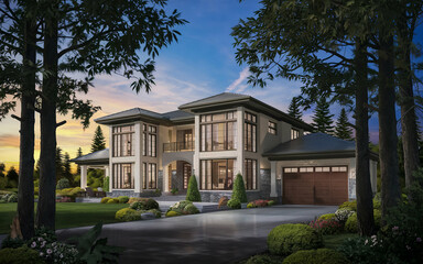 beautiful modern-style two-story white villa with large windows, a garage, and a beautiful outdoor garden surrounded by large trees. The villa is set against a backdrop of a blue sky at sunset.